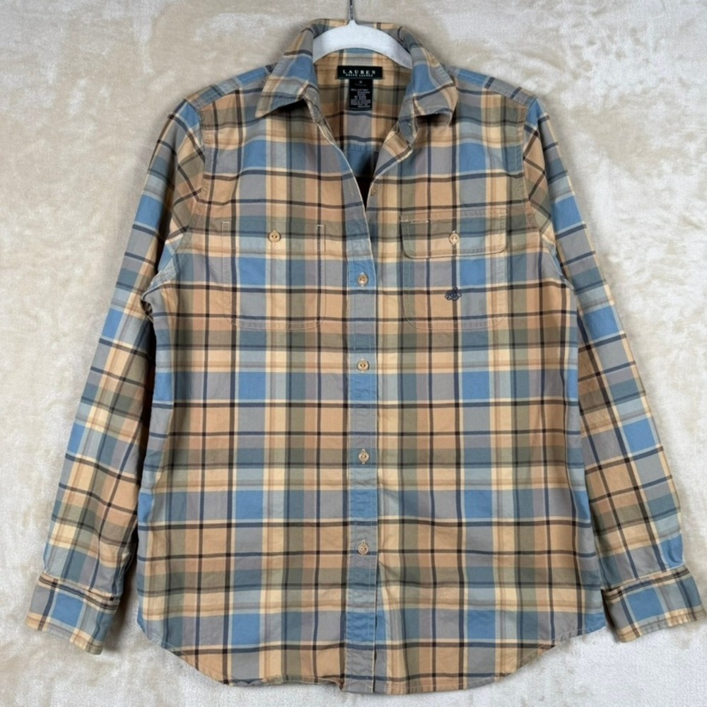 Lauren Ralph Lauren Womens Sm Plaid Button Down Shirt Tan Blue Cotton Autumnal